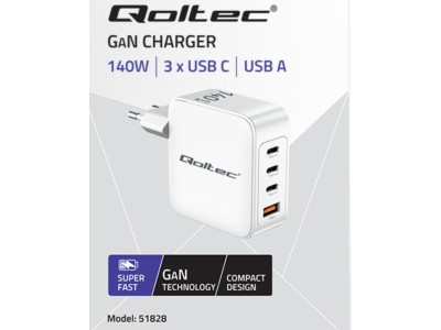 Qoltec ® GaN 140W lādētājs| 5-20V | 2.5-5A | 3 x USB-C PD | 1x USB QC 3.0 | Portatīvais dators | Viedtālrunis