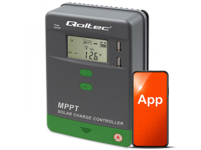 Qoltec ® Saules uzlādes kontrolieris MPPT ar temperatūras sensoru 40A | 12V / 24V | LCD | 2 x USB | Blueto |