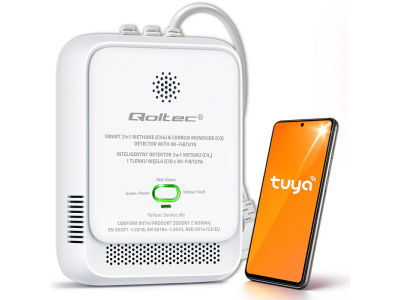 Qoltec ® Sertificēts dabasgāzes un tvana gāzes (CO) detektors | Tuya | Wi-Fi | 85dB trauksmes signāls | LED