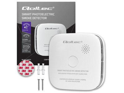 Qoltec ® Sertificēts bezvadu dūmu detektors | Sensora mūžs: 10 gadi | Baterijas mūžs: 10 gadi | Qoltec