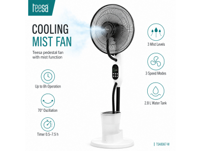 Teesa™ Atvēsinošs ventilators ar miglas funkciju | 3 miglas intensitātes | taimeris | 2,8 l tvertne ūdenim
