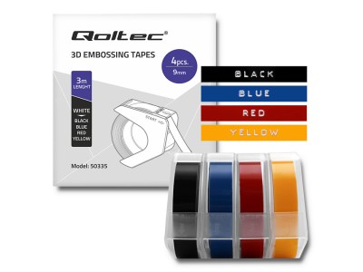 Qoltec ® Pašlīmējošo 3D reljefa lenšu komplekts DYMO OMEGA uzlīmju aparātam (4 krāsas, 9mm x 3m)