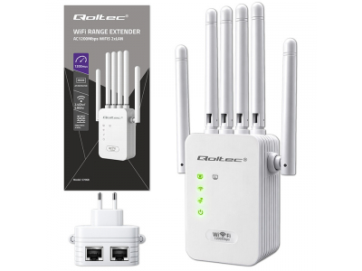 Qoltec ® WiFi 5 signāla pastiprinātājs | Repeater | Piekļuves punkts | AC1200 | 6 antenas | 2x RJ45 | 128MB