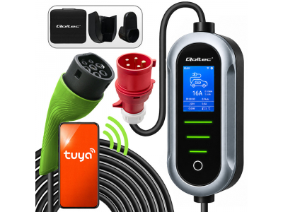Qoltec ® Mobilais EV elektroauto lādētājs ar 2in1 Type 2 pielāgojumu | 22kW | 400V | CEE 32A | Wi-Fi |