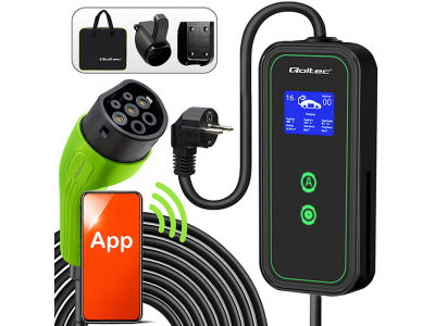 Qoltec ® Portatīvs elektroauto lādētājs Type 2 | 3.5 kW | 230 V | Schuko 16A | Wi-Fi | LCD | 2-in-1 | Qoltec