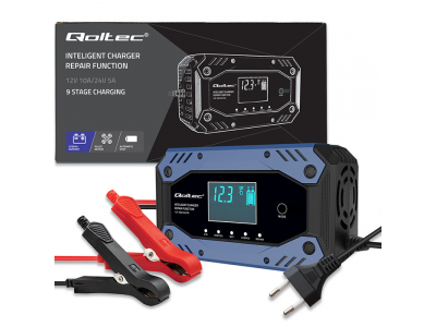 Qoltec ® Akumulatoru lādētājs 12-24V 10A | AGM GEL LiFePO4 WET | LCD | Repair funkcija