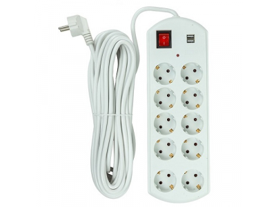 Extension cord 10m, 10 sockets, 2x USB, with switch