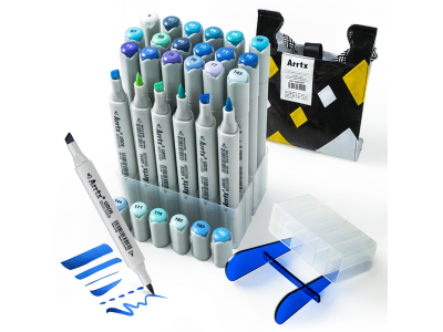 Double-sided Marker Pens ARRTX Oros, 24 Colours, blue tone shade