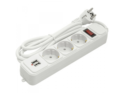 Extension cord 1.8m, 3 sockets + 2 USB, with switch