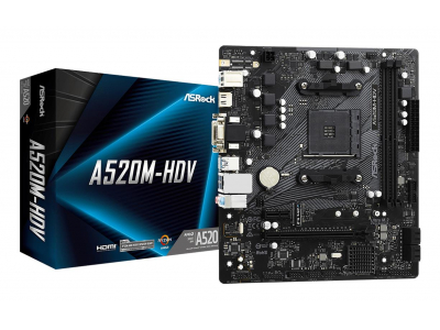 Mainboard|ASROCK|AMD A520|SAM4|Micro-ATX|Memory DDR4|Memory slots 2|1xPCI-Express 3.0 1x|1xPCI-Express 3.0 16x|1xM.2|1x15pin D-sub|1xDVI-D|1xHDMI|2xAudio-In|1xAudio-Out|2xUSB 2.0|4xUSB 3.2|1xPS/2|1xRJ45|A520M-HDV