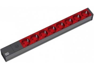 Bachmann 48,30cm (19)-Steckdosenleiste ALU, 8-fach, für USV mit IEC-Kaltgerätestecker IEC320 C14 (für USV-Anlagen), Zuleitung 2 m, 1HE, schwarz, 8 rote Schutzkontakt-Steckdosen, ohne Schalter, Mit 10 A Feinsicherung (333.538)