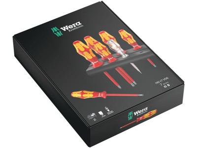 Wera Schraubendrehersatz VDE, 7-teilig, 160i/7 Serie Kraftform Plus 100 VDE (4 Schlitz- + 2 Kreuzschlitz-Schraubendreher) plus Spannungsprüfer einpolig Typ 247 (006147)