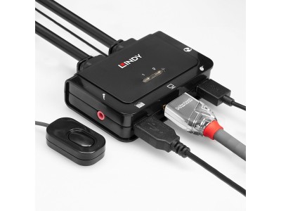 Lindy 2 Port Kabel KVM Switch, HDMI 10.2G, USB 2.0 & Audio Schaltet zwischen 2 HDMI-PCs mit einer einzigen Konsole aus Tastatur, Maus & Monitor (42340)
