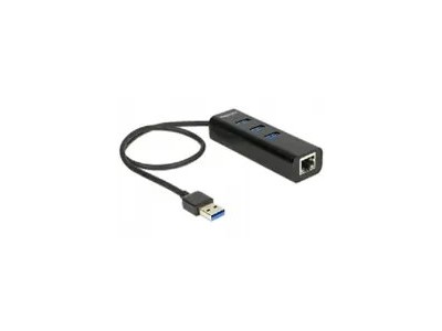 DeLock USB3.0 Hub 3 Port + 1 Port Gigabit LAN 10/100/1000 Mb/s - Hub - 3 x SuperSpeed USB3.0 + 1 x 10/100/1000 - Desktop (62653)
